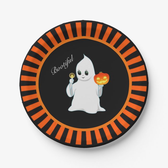 Halloween ghost & pumpkin on black & orange paper plate (Front)