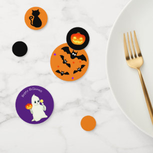 Halloween Ghost, Pumpkin on Black, Purple & Orange Confetti