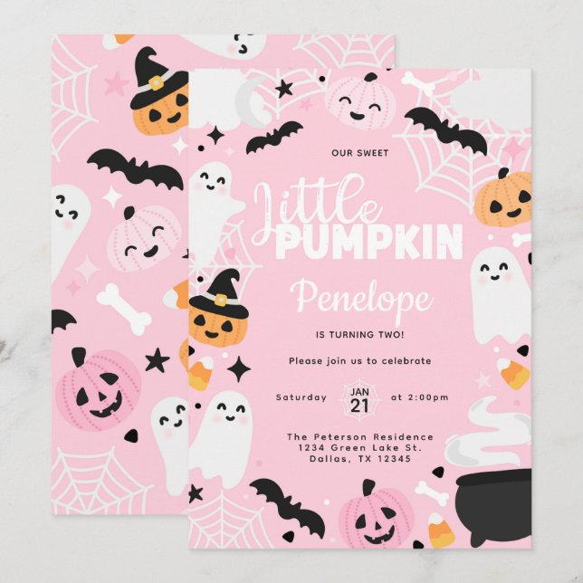 Halloween Ghost Pumpkin Pink Birthday Party Invitation (Front/Back)