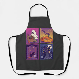 Halloween Ghost Pumpkins Black Cat Haunted House B Apron