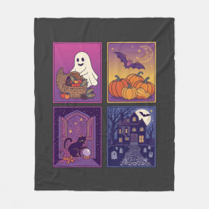Halloween Ghost Pumpkins Black Cat Haunted House B Fleece Blanket