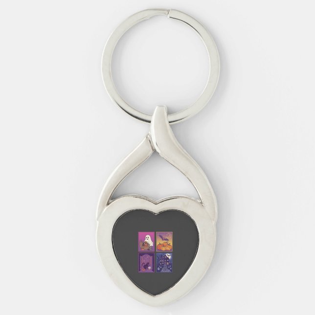 Halloween Ghost Pumpkins Black Cat Haunted House B Key Ring (Front)