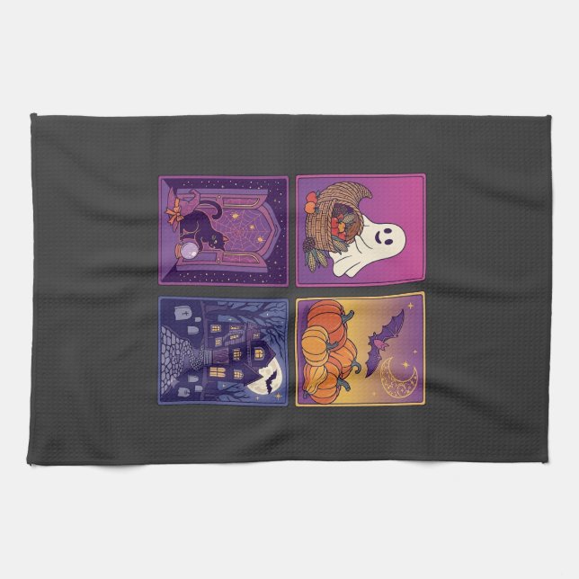 Halloween Ghost Pumpkins Black Cat Haunted House B Tea Towel (Horizontal)