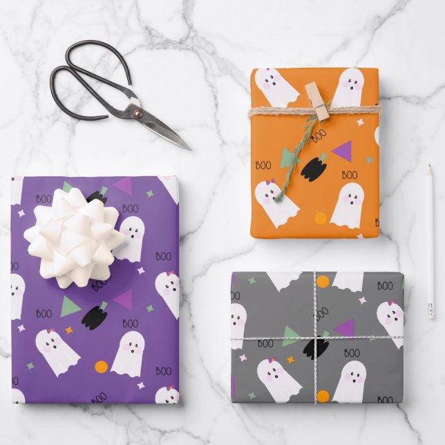 Halloween Ghost Purple Orange Black Confetti Wrapping Paper Sheet (Front)