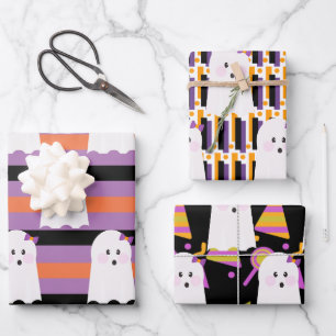 Halloween Ghost Purple Orange Ghoul Wrapping Paper Sheet