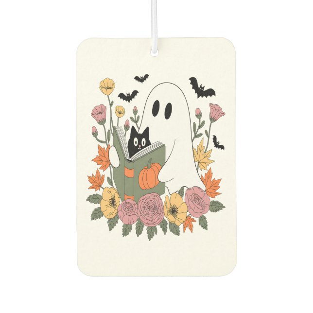 Halloween Ghost Reading Book Cat Car Air Freshener (Front)