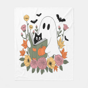 Halloween Ghost Reading Book Cat Fleece Blanket