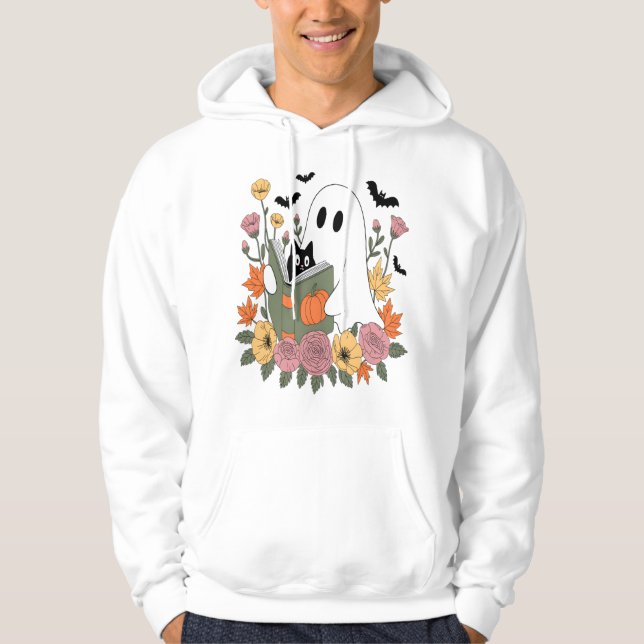 Halloween Ghost Reading Book Cat Hoodie (Front)