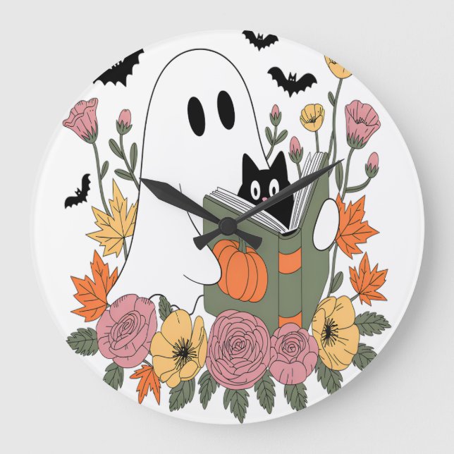 Halloween Ghost Reading Book Cat Large Clock (Front)