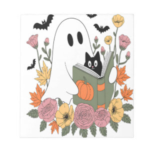Halloween Ghost Reading Book Cat Notepad