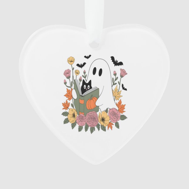 Halloween Ghost Reading Book Cat Ornament (Front)