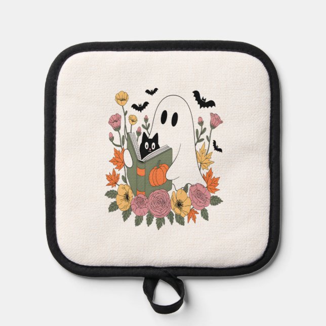 Halloween Ghost Reading Book Cat Pot Holder (Front)