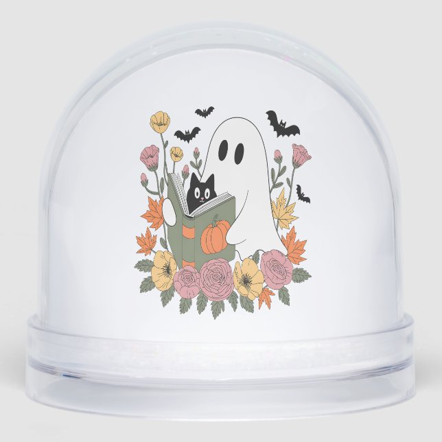 Halloween Ghost Reading Book Cat Snowglobe (Front)