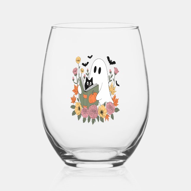 Halloween Ghost Reading Book Cat Stemless Wine Glass (Front)