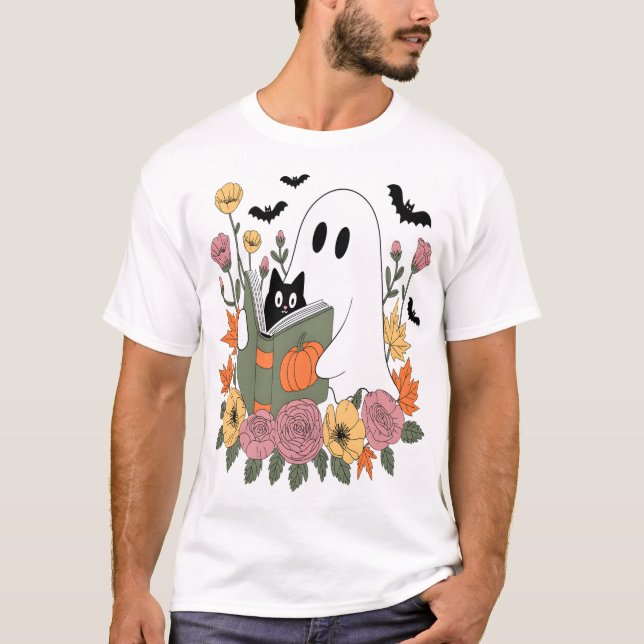 Halloween Ghost Reading Book Cat T-Shirt (Front)