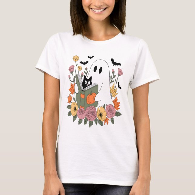 Halloween Ghost Reading Book Cat T-Shirt (Front)
