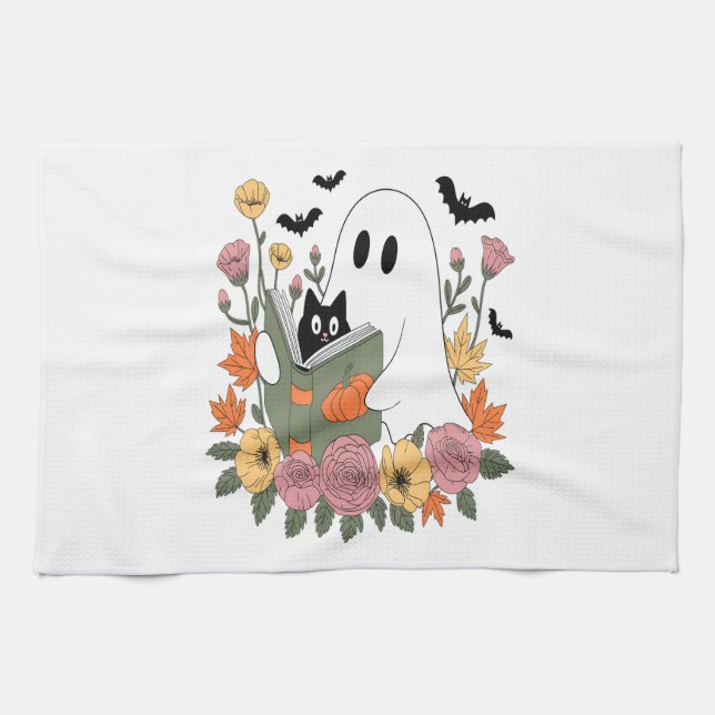 Halloween Ghost Reading Book Cat Tea Towel (Horizontal)