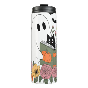Halloween Ghost Reading Book Cat Thermal Tumbler