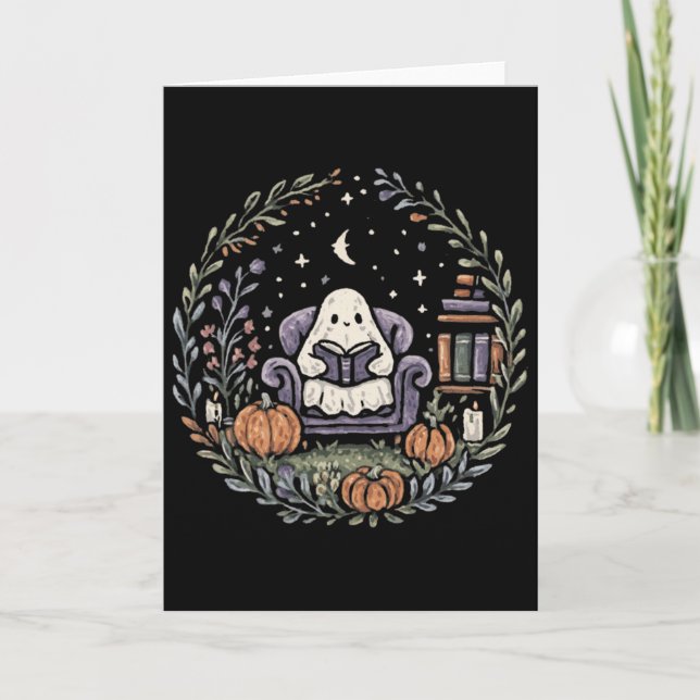 Halloween Ghost Reading Book Lover Tee Long Sleeve Card (Front)