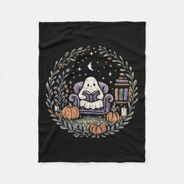 Halloween Ghost Reading Book Lover Tee Long Sleeve Fleece Blanket (Front)