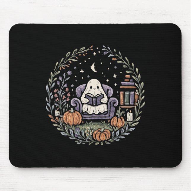 Halloween Ghost Reading Book Lover Tee Long Sleeve Mouse Mat (Front)