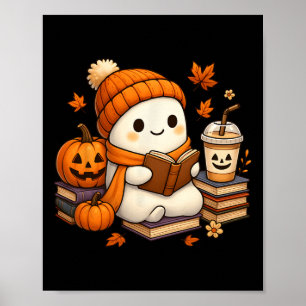 Halloween Ghost Reading Book Lovers Coffee Girl Wo Poster