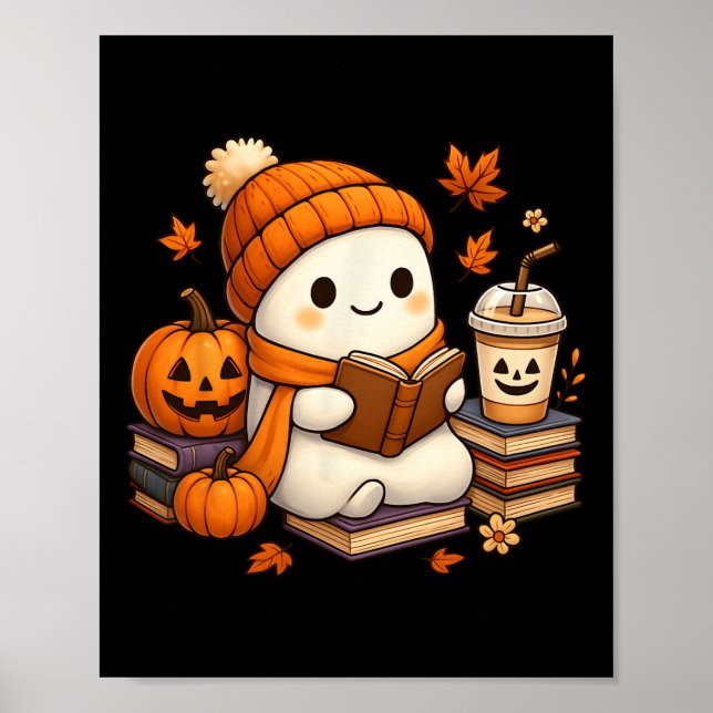 Halloween Ghost Reading Book Lovers Coffee Girl Wo Poster (Front)