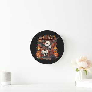 Halloween Ghost Reading Books Black Cat Round Clock