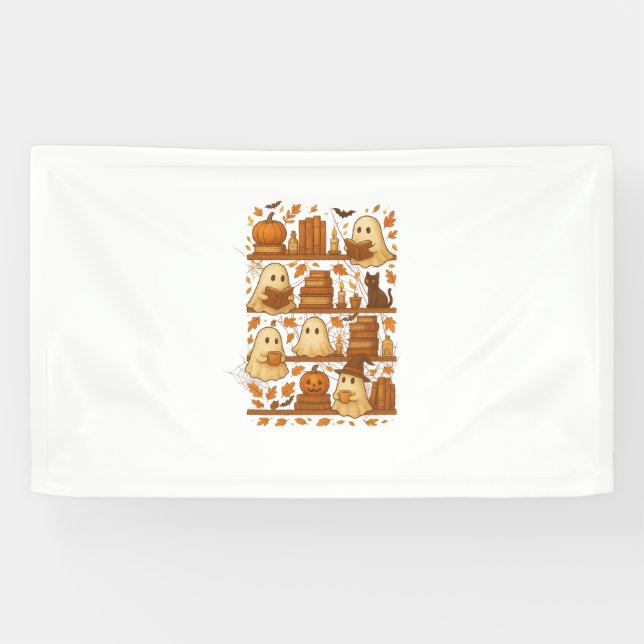 Halloween Ghost Reading Books Lover Banner (Horizontal)