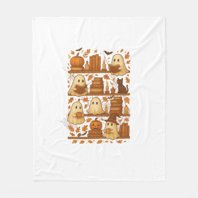 Halloween Ghost Reading Books Lover Fleece Blanket (Front)