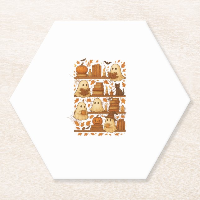 Halloween Ghost Reading Books Lover Paper Coaster (Front)