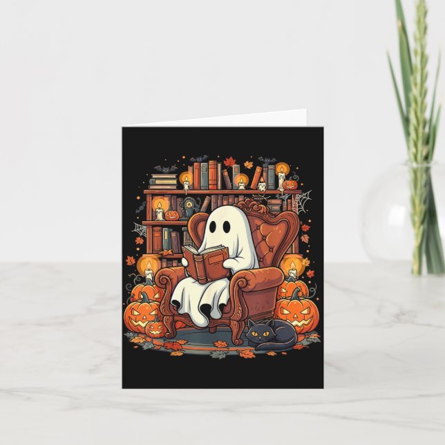 Halloween Ghost Reading Books Pumpkin Black Cat Card (Front)