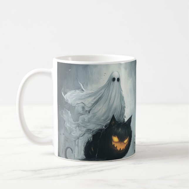 Halloween Ghost Riding a Black Cat  Coffee Mug (Left)