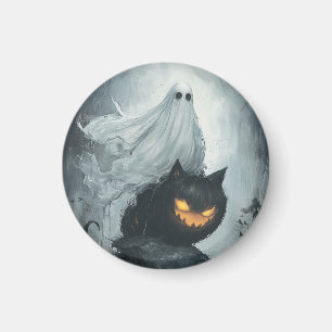 Halloween Ghost Riding a Black Cat Magnet