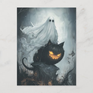 Halloween Ghost Riding a Black Cat Postcard