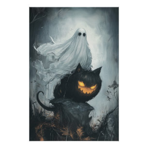 Halloween Ghost Riding a Black Cat  Poster