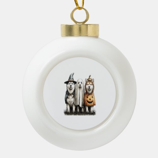 Halloween Ghost Siberian Husky Dog Ceramic Ball Christmas Ornament (Front)