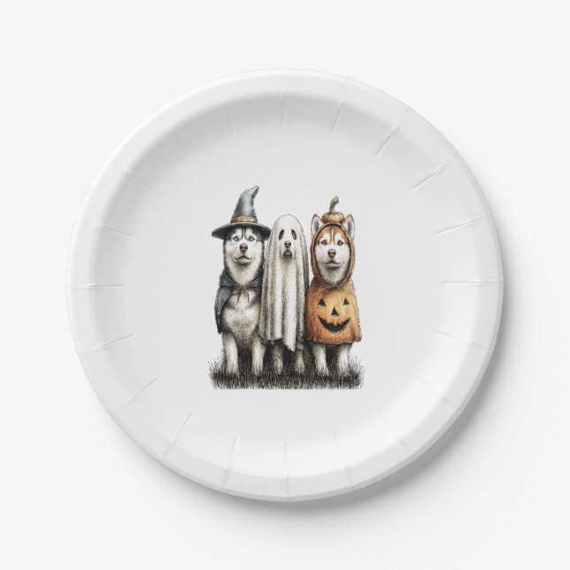 Halloween Ghost Siberian Husky Dog Paper Plate (Front)