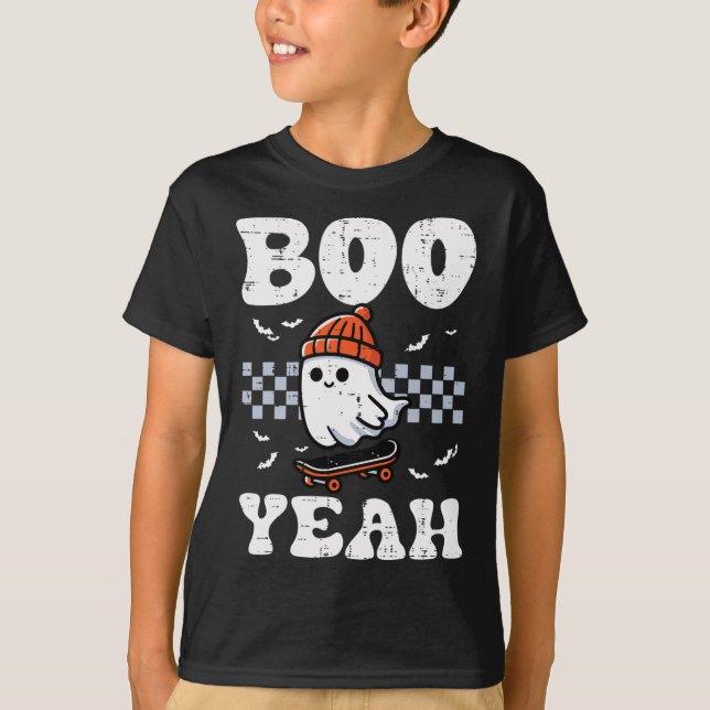 Halloween Ghost Skateboard Boo Yeah Costume Boys K T-Shirt (Front)