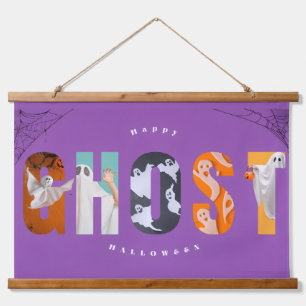 Halloween Ghost Spooky Cute Typography Purple Hanging Tapestry