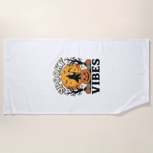 Halloween Ghost Spooky Vibes Pumpkin Witch Vintage Beach Towel