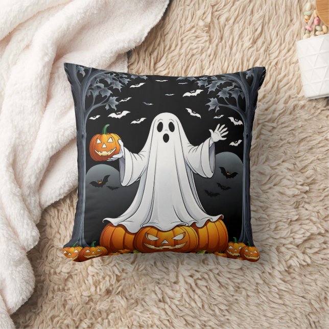Halloween ghost surrounded by pumpkins and bats cushion (Blanket)