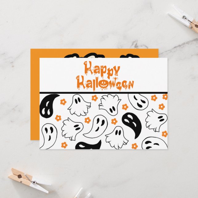 Halloween Ghost Typography Quote Flat Greeting Card (Front/Back In Situ)
