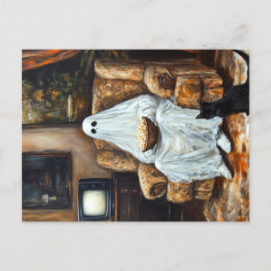 Halloween Ghost Watching TV with Popcorn Announcement Postcard