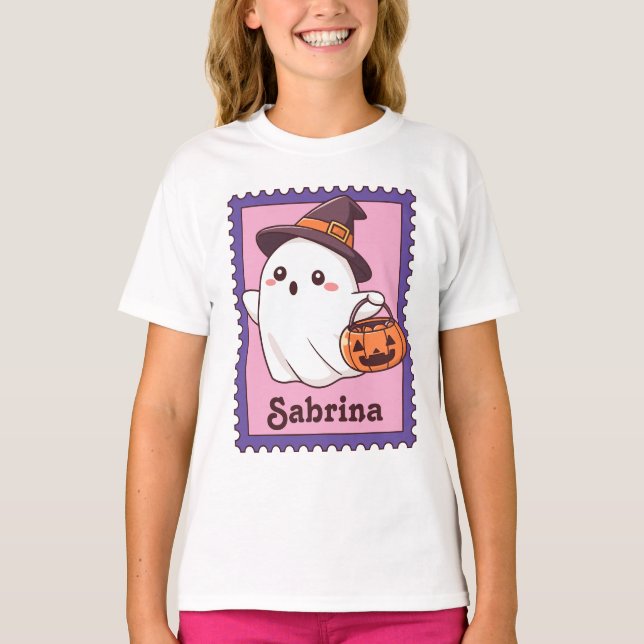 Halloween Ghost Witch Custom Name Stamp T-Shirt (Front)