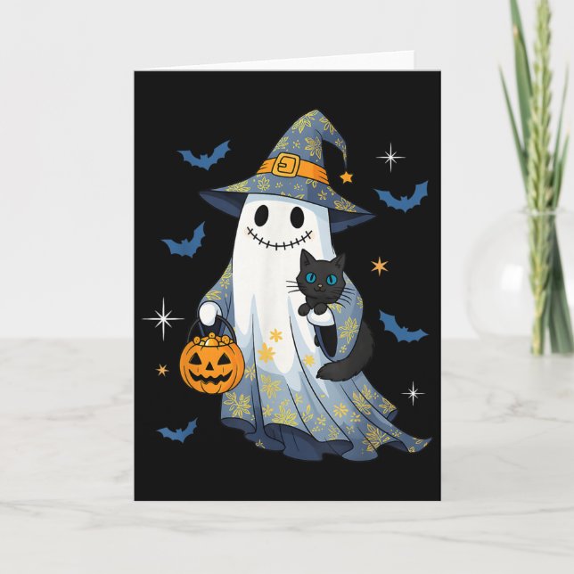 Halloween Ghost Witch Holding Black Cat Funny Hall Card (Front)