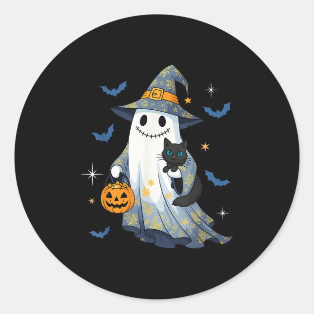 Halloween Ghost Witch Holding Black Cat Funny Hall Classic Round Sticker (Front)