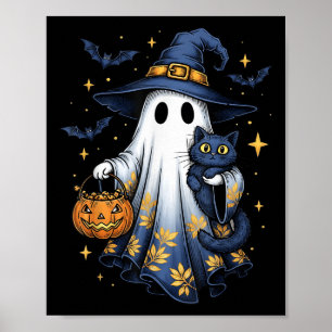 Halloween Ghost Witch Holding Black Cat Funny Hall Poster