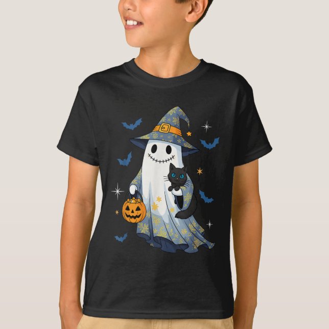 Halloween Ghost Witch Holding Black Cat Funny Hall T-Shirt (Front)