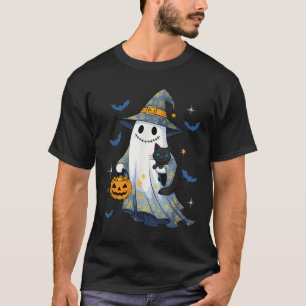 Halloween Ghost Witch Holding Black Cat Funny Hall T-Shirt